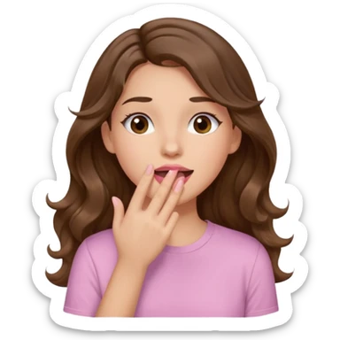 girl with wavy long brown hair, brown eyes, light to medium complexion, long lashes, light pink lipstick, wearing light pink shirt, sexy, gigling hand covering mouth sticker