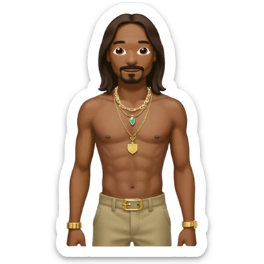 Snoop Dogg with dark brown long hair, shirtless with necklace, khaki pants sticker