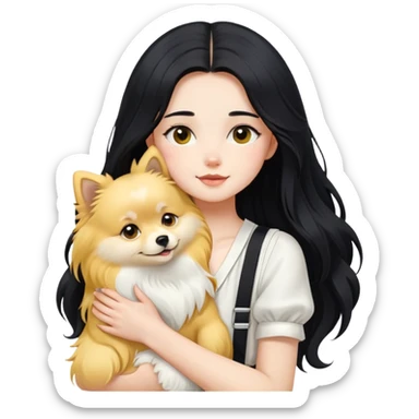 A girl with fair skin, long black hair, white suspenders, hugging a pure yellow long-haired Pomeranian sticker