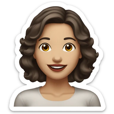 A cheerful woman in her 30s with fair skin, shoulder-length wavy dark brown hair, and a round face with prominent cheekbones. She has hazel eyes, full lips with red lipstick, and a warm, friendly smile. sticker
