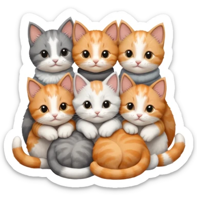 6 tiny kittens cuddling together all various different natural colours including solid grey with white mittens, grey and white, ginger and white, calico, and brown and white sticker
