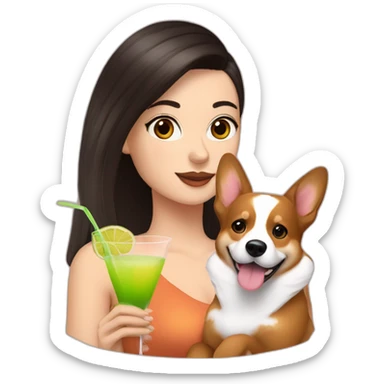 a white girl with dark hair holding a corgi and a cocktail sticker