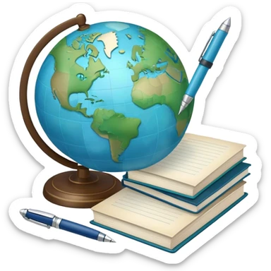 Create an emoji representing language translation. The design should feature just one globe in the background, symbolizing international communication. In front of the globe, place two books or sheets of paper with texs on them and a pen nearby to indicate the act of writing. Use a clean and professional color palette with blues, greens, and neutral tones. Make the background transparent. sticker