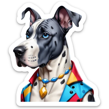 Cinematic Noble Harlequin Great Dane Portrait Emoji, Poised and regal, with a towering, muscular build and a striking coat of predominantly white with bold black patches, deep-set soulful blue eyes, Simplified yet sharp and sophisticated features, highly detailed, glowing with a soft, dignified glow, high shine, intelligent and loyal, stylized with an air of majesty, focused and attentive, soft glowing outline, capturing the essence of a watchful and confident guardian, so majestic it feels as though it could stride out of the screen with effortless authority! sticker