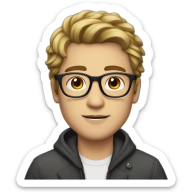 A beautiful young man with blapck, medium hair and white skin, wearing round glasses and jacket sticker