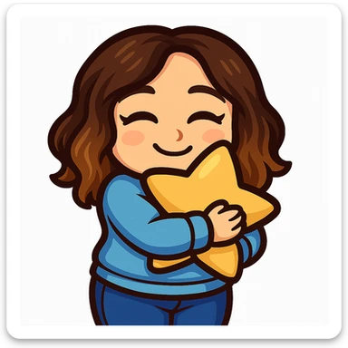 Sticker style chibi emote, matching the attached green heart emote as a base, but with a slightly skinnier body and a bigger chest. Woman from reference, light blue sweater and blue jeans, hugging a star pillow, cute cozy face, no headband, no wand, no green heart, transparent background. Top color should not match jeans. sticker