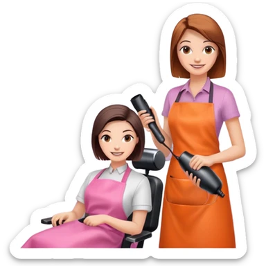 smiling woman client in pink apron sitting in salon chair, female hairstylist smiling behind her with orange apron, holding a hairdryer in right hand sticker