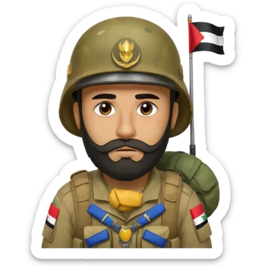 A very tired and sad, swarthy Iraqi soldier with a beard, an Iraqi flag on his helmet, a sad expression and bags under his eyes sticker