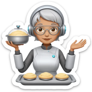 Portrait of a futuristic grandma wearing a sleek kitchen robot suit, mechanical arms mixing dough and holding trays, high-tech baking lab, emoji-style sticker