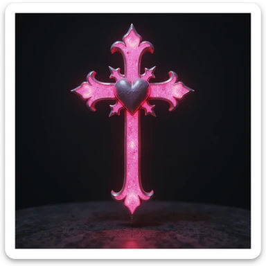 realistic gothic cross, pink with a heart motif, photorealistic style, no background sticker