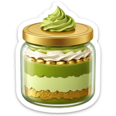 A small round glass jar with a gold lid, filled with layered dessert: creamy white base, green matcha layer in the middle, and a crunchy topping on top.

 sticker