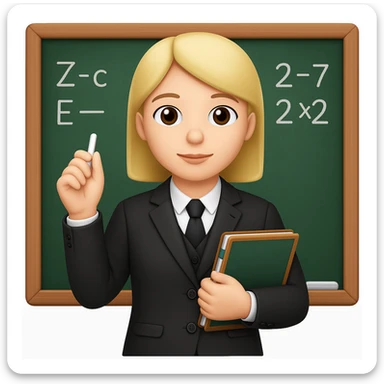 Edit the image of a teacher standing in front of a chalkboard in Apple style emoji. The teacher should be holding only chalk, with no apple in hand. Keep the background as is. The style should resemble Apple style emojis. sticker