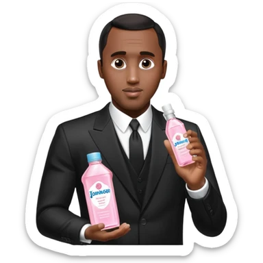 A realistic product shot of a transparent bottle of Johnson’s Baby Oil by Johnson & Johnson, featuring a soft pink label. The oil inside is crystal clear and glossy. Sean "Diddy" Combs in black suit is holding the bottle sticker