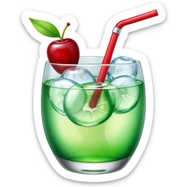 Create an emoji with a very clear rounded glass and ice, bright transparent green soda , a smooth vanilla scoop circle shape, a glossy red cherry, using vibrant colors, soft shading, and clear glass highlights.
 sticker