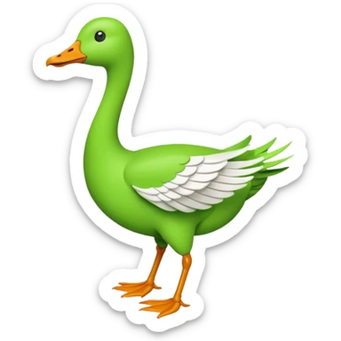 Emoji of a running goose with a very long neck and two legs. Use 🪿 shape but color it bright green (#39C700). The wings must be pressed tightly against the body, fully folded with no gap or spread. Do NOT show wings flapping or extended sticker