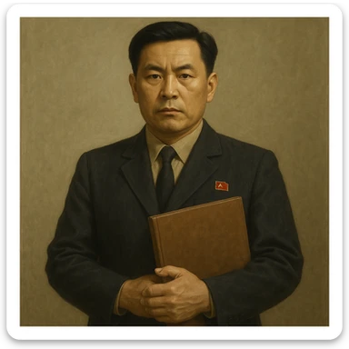 Official portrait of a North Korean man, head of the hull production workshop at a shipyard, serious and formal style, dark suit, neutral background, confident and focused expression, style inspired by Soviet and North Korean official portraits, with a different face and holding a folder in his hands sticker