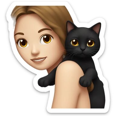 white girl with long brown hair holding fluffy black cat sticker