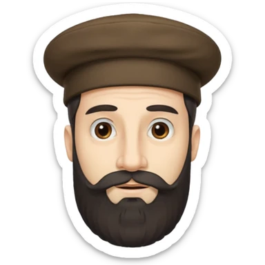 A man with payos hairstyle and a jewish hat with a very large nose and a beard sticker