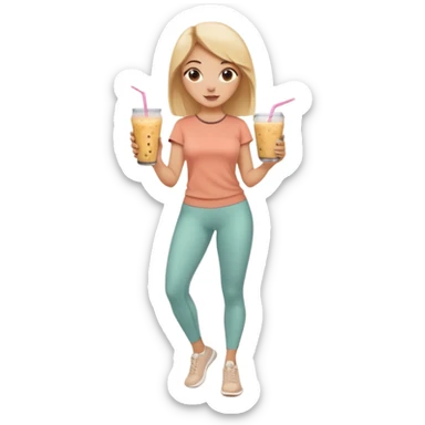 a young woman full length in a beige top and leggings and white sneakers with a passion fruit smoothie in one hand and a salmon poke bowl in the other hand sticker