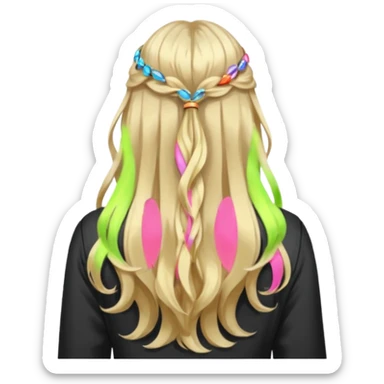 a girl facing backwards so that her hair is showing, long hair that is wavy. she has her hair in a style of half-up-half-down with a small claw-clip securing the hair of the head where the hair strands meet. hair is a platinum blonde color and dark blonde highlights.  sticker