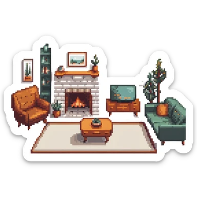 escenary 3d of a cozy mid-century living room with two people working on laptops, one man standing at a desk, and one woman sitting on a couch sticker