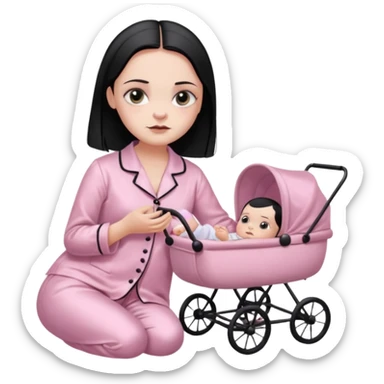 Full model stunning Wednesday Addams dark smoky eyeshadow in a unbuttoned Light pink silk pyjamas set touching baby carriage  sticker