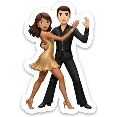Photorealistic dancesport professional latin couple dancing the rumba at the competition dancefloor, the women is in skinny sparkly dress, the women has brown very long hair, the man has short black hair, the man hold woman's hand by his one hand and his second hand is on the women's waist  sticker