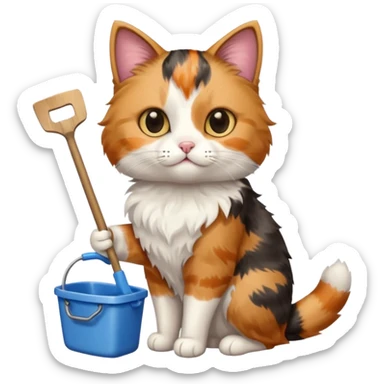 A very cute cat holding a toilet shovel, a litter box beside it sticker