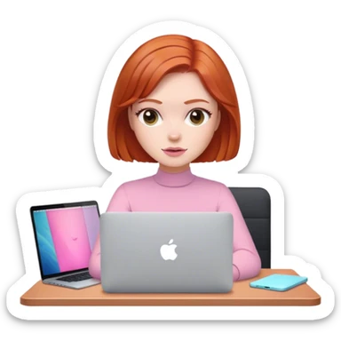 Bob hair Redhead sat at desk with pink MacBook  sticker