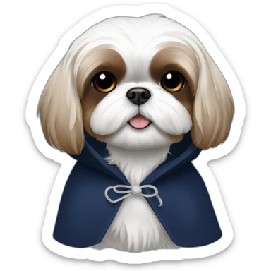 White and brown Shih tzu in navy blue coat with hood sticker