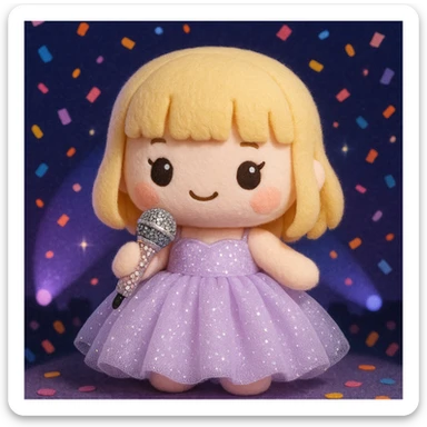 Pretty and girly Blonde pop star with bangs wearing a sparkly tulle light purple ballgown, holding a bedazzled microphone, reimagined as a soft kawaii plushie doll, with a nighttime concert backdrop with colorful confetti sticker