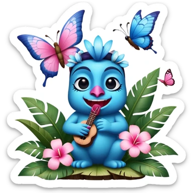Pixar style little Blue and pink tiki singing with a butterfly and tropical flowers, ultra detailed and lifelike imagery, realistic sticker