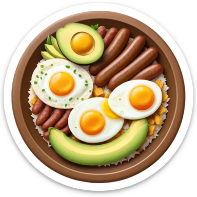 Bandeja Paisa Cinematic Realistic Bandeja Paisa Dish Emoji, depicted as a hearty platter featuring rice, beans, avocado slices, one sausage, a perfectly cooked egg, and crispy pork crackle, rendered with vivid textures and robust, inviting lighting. sticker