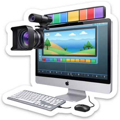 Create an emoji for video editing. Show a computer screen with a video timeline, clips, and editing tools (e.g., scissors). Add a video camera. Use modern, professional colors. Do not include any emojis or smiley faces. Make the background transparent sticker