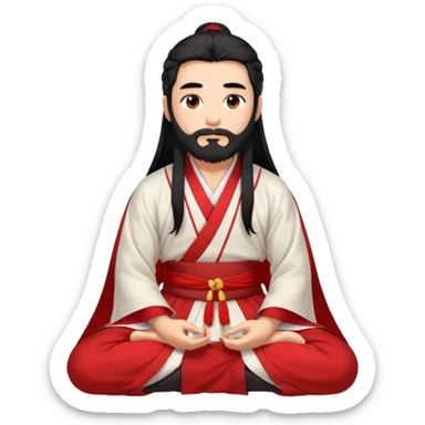 Beautiful man with lightly tan skin and dark long beard, long hair, in red and white Hanfu sitting on the ground sticker