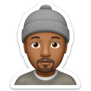 Middle-aged black man, goatee, wearing gray beanie sticker