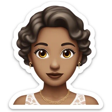 fair-skinned girl with black, slim shaped eyes and long lashes. long, dark brown hair styled in a wavy blowout. wearing a delicate white lace tank top and a dainty gold necklace, plump light pink lips. sticker