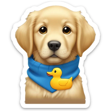 golden retriever puppy with a blue collar that has a id tag that says “vincent” and he’s wearing a duck hoodie sticker