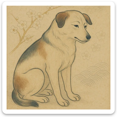 {
  "style_description": {
    "overall_look": "Traditional Japanese painting with a refined and serene aesthetic rooted in classical techniques",
    "material_simulation": {
      "primary_material": "natural pigments on washi or silk",
      "texture_detail": "subtle paper grain, matte finish, soft brushwork",
      "pattern": "occasional use of classical Japanese motifs such as plum blossoms, waves, or cranes"
    },
    "geometry": {
      "edge_style": "fluid and organic linework with gentle outlines",
      "dimensionality": "flat perspective with carefully balanced negative space"
    },
    "color_palette": {
      "scheme": "earthy and muted tones with occasional gold or mineral highlights",
      "preferred_colors": ["indigo", "sumi black", "reddish brown", "soft greens", "off-white"],
      "contrast": "low contrast, harmonious tones"
    },
    "lighting": {
      "type": "diffused, implied through tone rather than shading",
      "purpose": "maintain the contemplative and meditative quality of the piece"
    },
    "render_constraints": {
      "avoid": ["realistic lighting", "high saturation", "modern cartoon outlines", "digital gradients"],
      "focus_on": ["natural harmony", "elegance", "quiet emotional expression"]
    },
    "background": {
      "color": "neutral or light washi-inspired background",
      "style": "plain or softly patterned with traditional elements",
      "lighting_consistency": "flat and even, no cast shadows or dramatic highlights"
    }
  }
}

{subject} = dog sticker