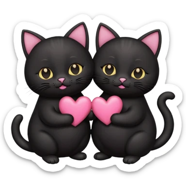 two fat cute black cats love, pink heart, closed mouth, black ears sticker
