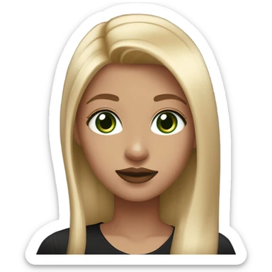 Long straight blonde haired girl, wearing black satin shirt, light tan glowy skin, green eyes and rosy cheeks with light mauve lipstick sticker