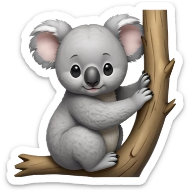 cinematic-koala-realistic-full-body-clinging-emoji,-round-plump-frame-clasped-to-a-gum-tree-branch,-soft-grey-fur-textured-and-fluffy,-oversized-fluffy-ears-twitching-slightly,-dark-expressive-eyes-peering-sleepily,-clawed-paws-gripping-bark-firmly,-simplified-yet-realistic-focused-features,-highly-detailed,-glowing-with-a-gentle-warmth sticker