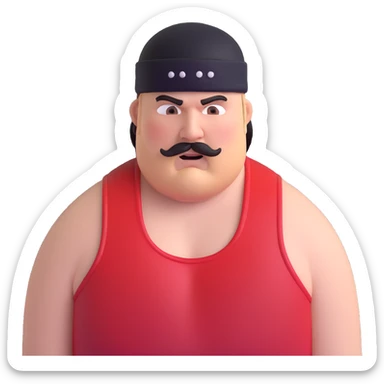 Close-up of extremely fat white skin guy with young face, beard and mustache, no muscle with prominent black durag, black eyes in a red and black wrestling singlet with angry face sticker