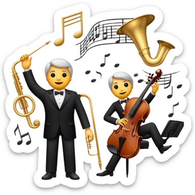 Create a sophisticated and elegant emoji that represents orchestration and arrangement. The design should feature a conductor’s baton, musical notes, and a symphonic score, symbolizing the process of arranging and orchestrating music. Incorporate instruments like a violin, trumpet, and piano keys subtly in the background, representing different sections of the orchestra. Use classical and refined colors such as gold, deep red, and black to evoke the grandeur and precision of orchestration. The background should be transparent. sticker