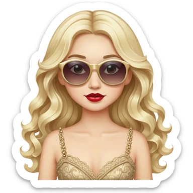 a pale blonde girl with elaborate makeup and dress, long wavy hair, wearing sunglasses, confident sticker