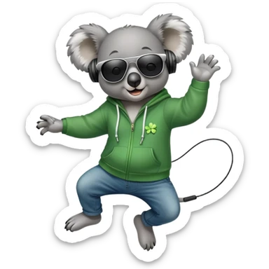 anthropomorphised koala, full body, wearing a hoodie and jeans, dark sunglasses, headphones, dressed for St. Patrick's Day, jumping sticker