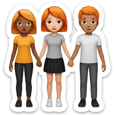 Three people holding hands first people is a female light skin have medium length half black half orange hair the second person is tall African American male short hair and the third people the third person is a female medium length black hair light skin sticker