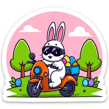 Easter bunny riding a BMW boxer motorcycle with trees and grass in the background and colorful Easter eggs hidden in the grass sticker