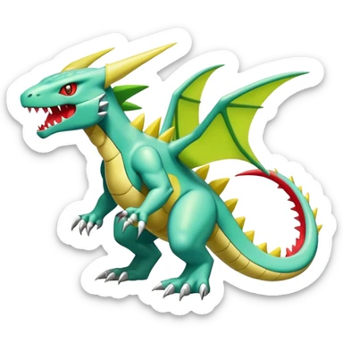 Cool cute shiny futuristic Guilmon-Flygon-Tyranitar-Digimon-hybrid-fusion, yellow belly, full body sticker