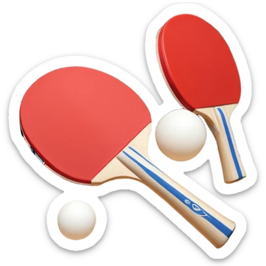 Two table tennis paddles and a ball placed on a ping pong table, with the net in the background. The scene conveys the simplicity and focus of the sport, with vibrant colors highlighting the rackets and ball on the smooth surface of the table. sticker
